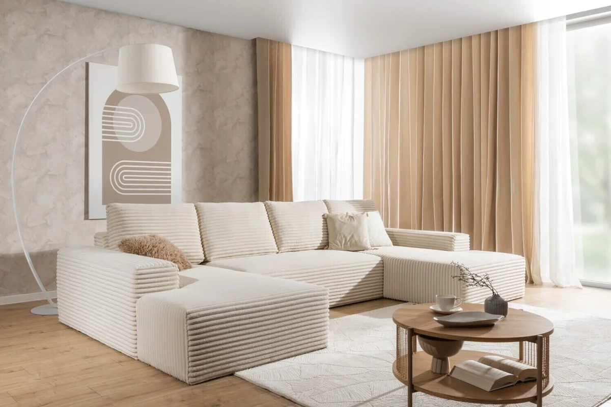Beiges U-förmiges Ecksofa aus Velours von Azaano | Wohnzimmermöbel