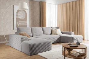 Hellgraues U-förmiges Ecksofa aus Velours von Azaano | Wohnzimmermöbel