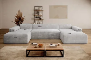 Hellgraues U-förmiges Ecksofa aus Cord „Empire“ | Wohnzimmermöbel