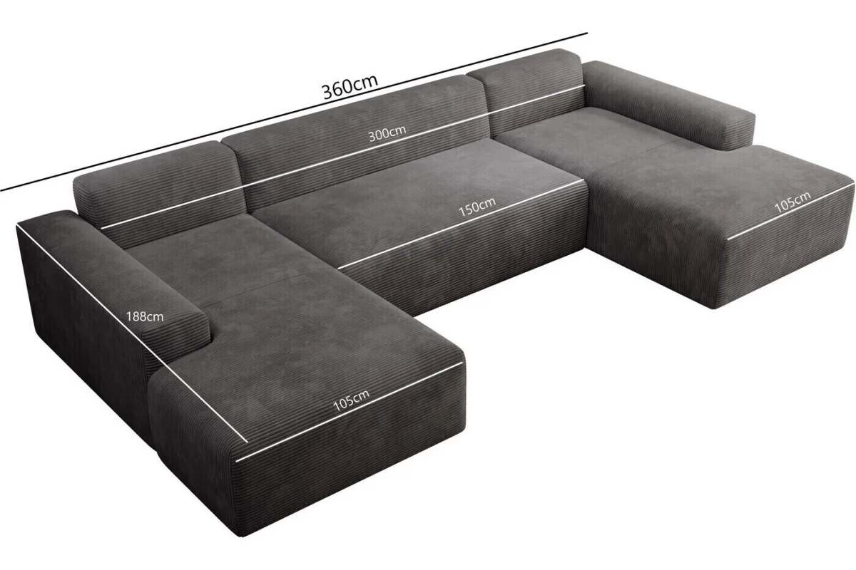 Dunkelgraues U-förmiges Ecksofa aus Cord „Empire“ | Wohnzimmermöbel