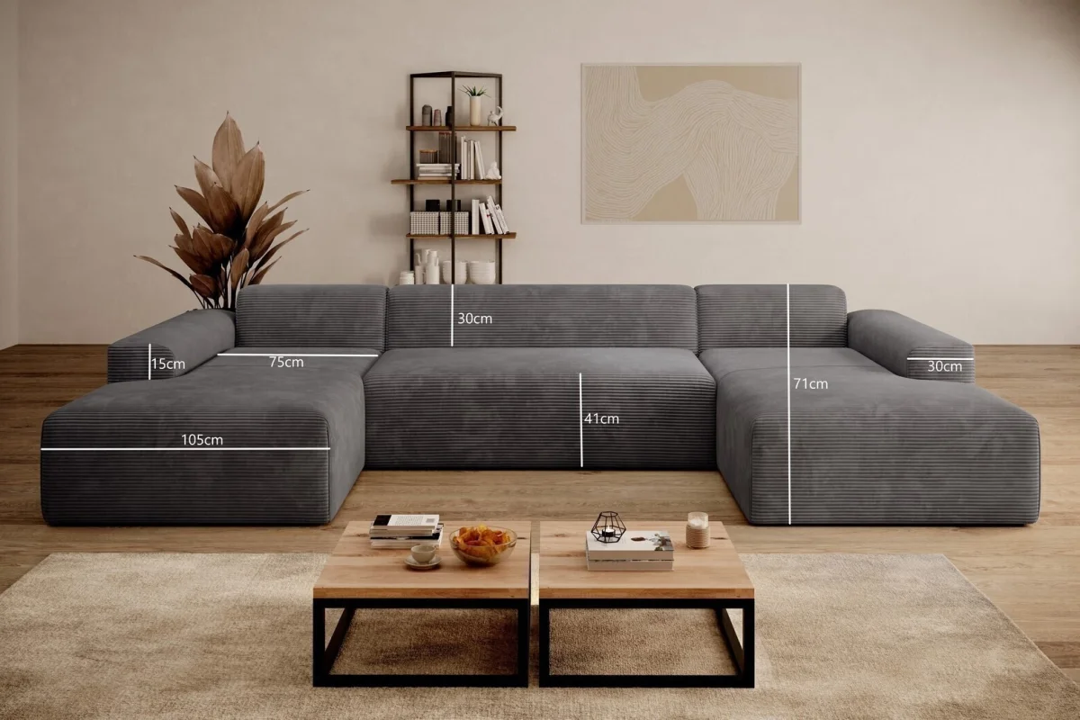 Dunkelgraues U-förmiges Ecksofa aus Cord „Empire“ | Wohnzimmermöbel