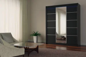 Czarna szafa przesuwna 180 z lustrem i led MARETA