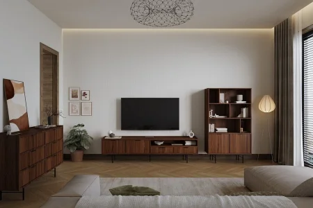 Edson-Set in Nussbaum – Kommode mit 6 Schubladen, Regal und TV-Schrank 200