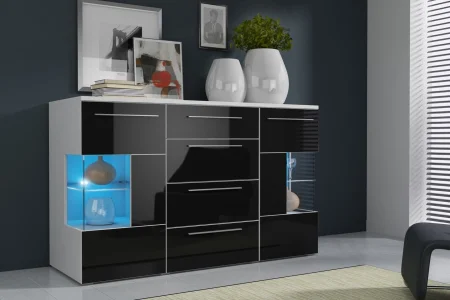 Kommode in Schwarz-Hochglanz mit Vitrine und LED-Beleuchtung Roma