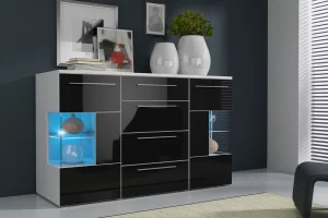 Kommode in Schwarz-Hochglanz mit Vitrine und LED-Beleuchtung Roma