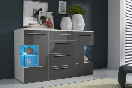 Kommode in Grau-Hochglanz mit Vitrine und LED-Beleuchtung „Roma“