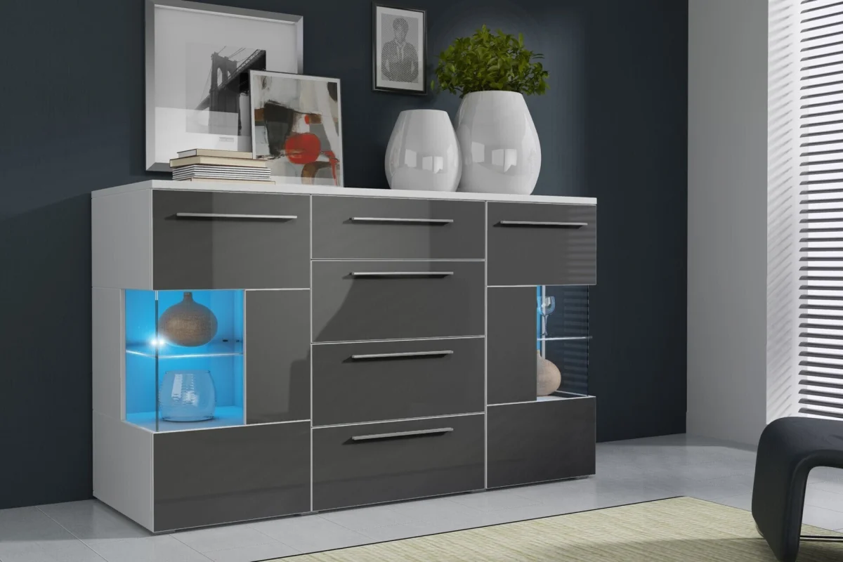 Kommode in Grau-Hochglanz mit Vitrine und LED-Beleuchtung „Roma“