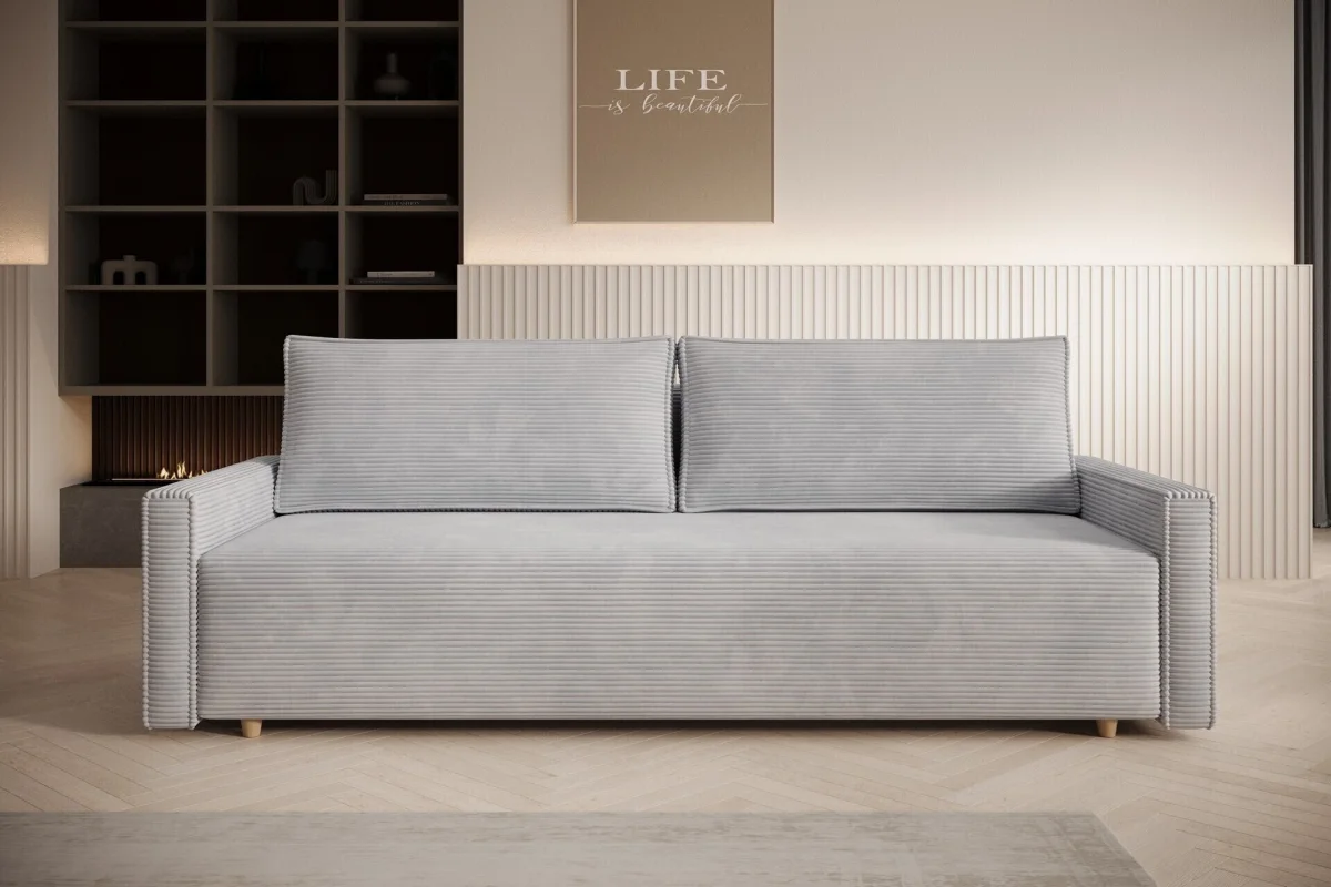 Hellgraues Sofa mit Schlaffunktion und Bettkasten | Wohnzimmermöbel