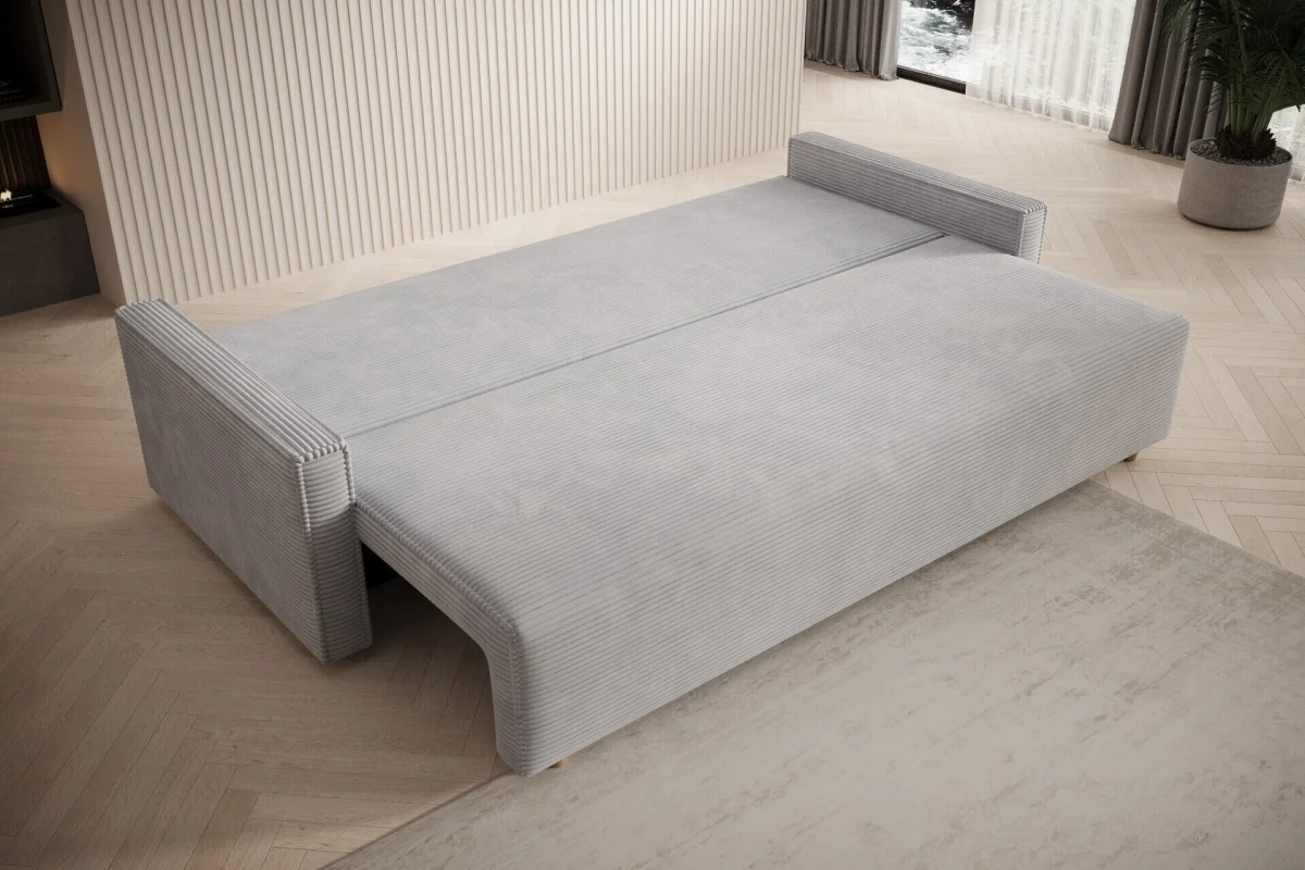 Hellgraues Sofa mit Schlaffunktion und Bettkasten | Wohnzimmermöbel