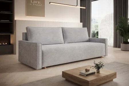 Hellgraues Sofa mit Schlaffunktion und Bettkasten | Wohnzimmermöbel