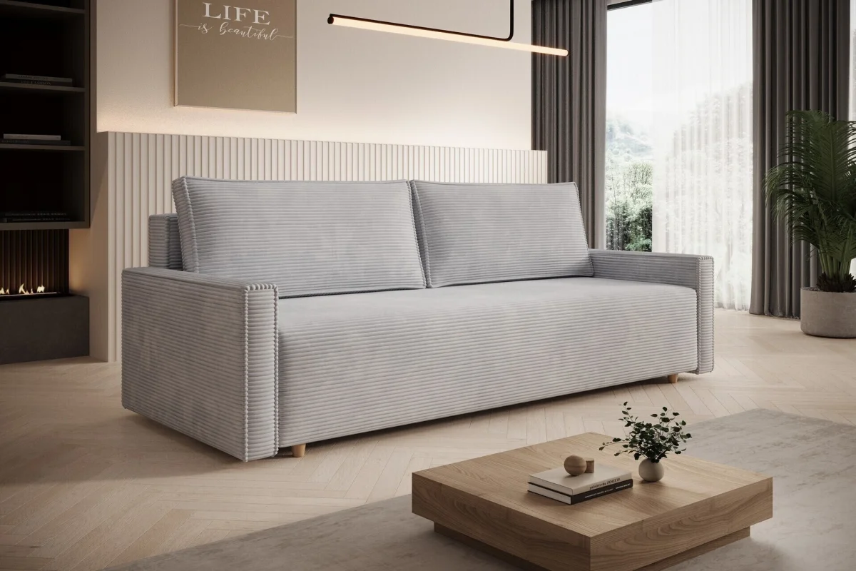 Hellgraues Sofa mit Schlaffunktion und Bettkasten | Wohnzimmermöbel