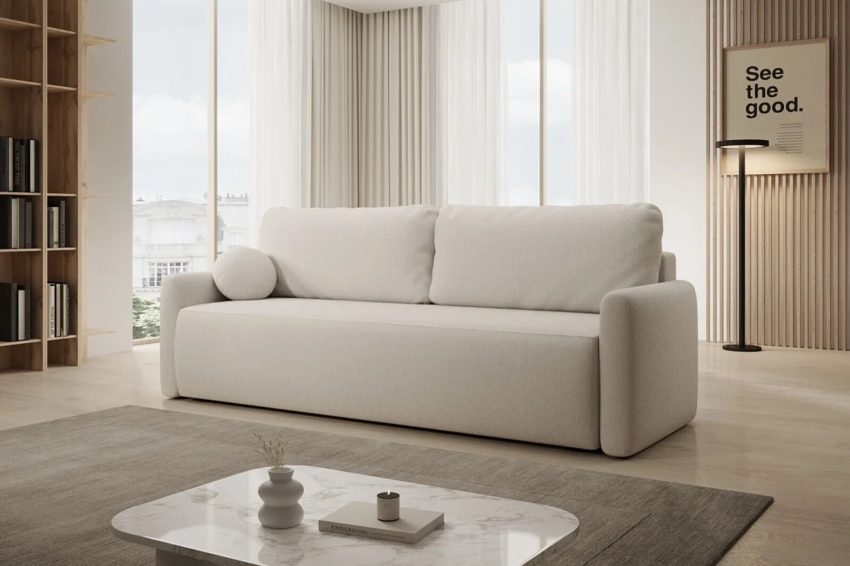 Beiges Sofa mit Schlaffunktion und Bettkasten | Wohnzimmermöbel