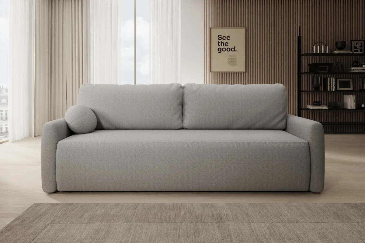 Hellgraues Sofa mit Schlaffunktion und Bettkasten | Wohnzimmermöbel