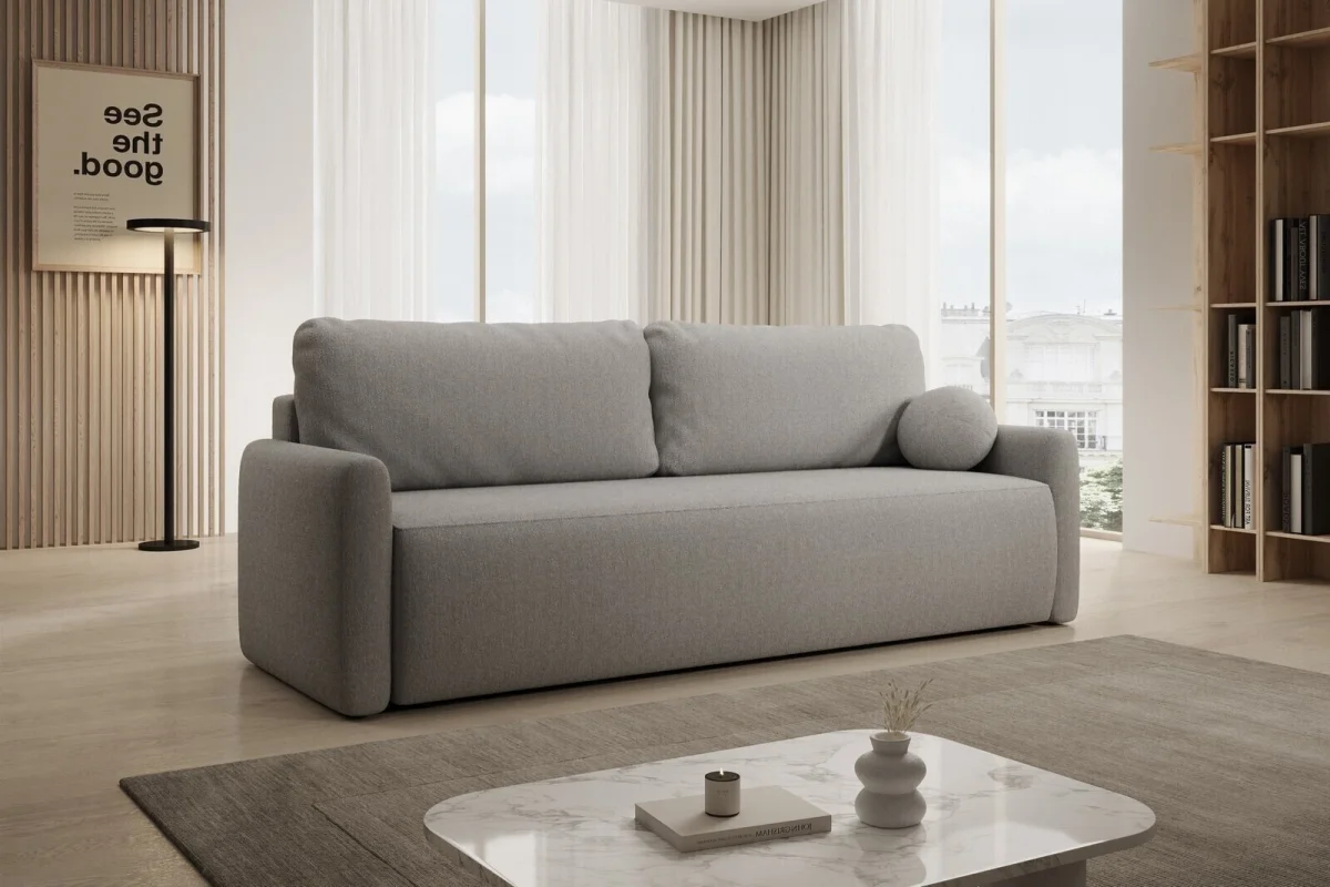 Hellgraues Sofa mit Schlaffunktion und Bettkasten | Wohnzimmermöbel