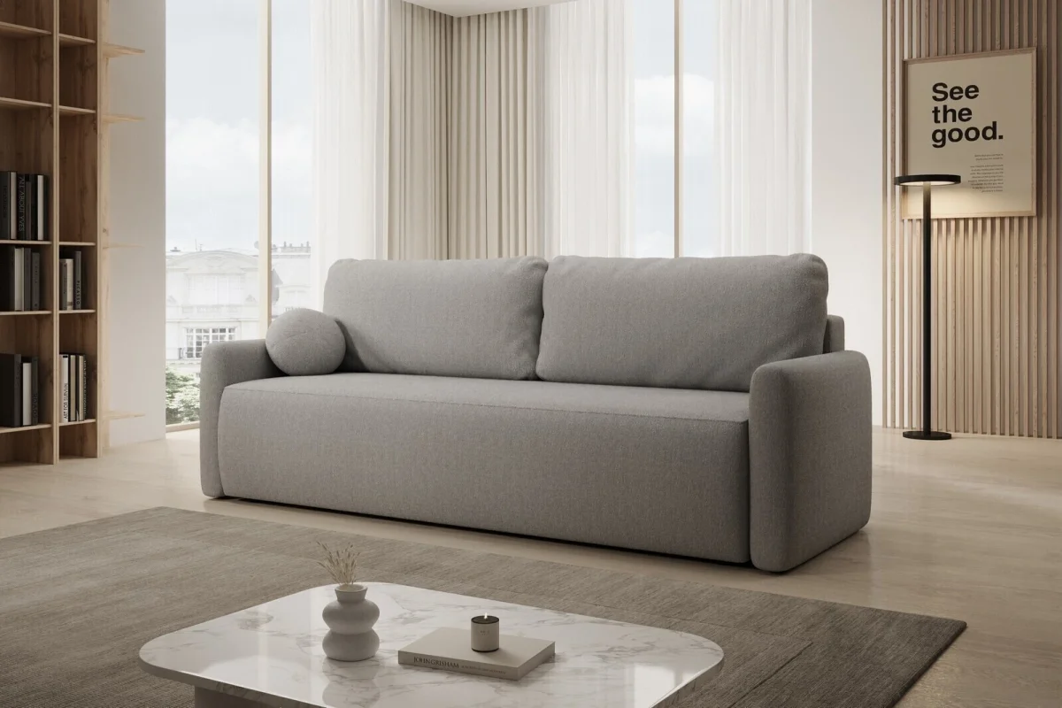 Hellgraues Sofa mit Schlaffunktion und Bettkasten | Wohnzimmermöbel