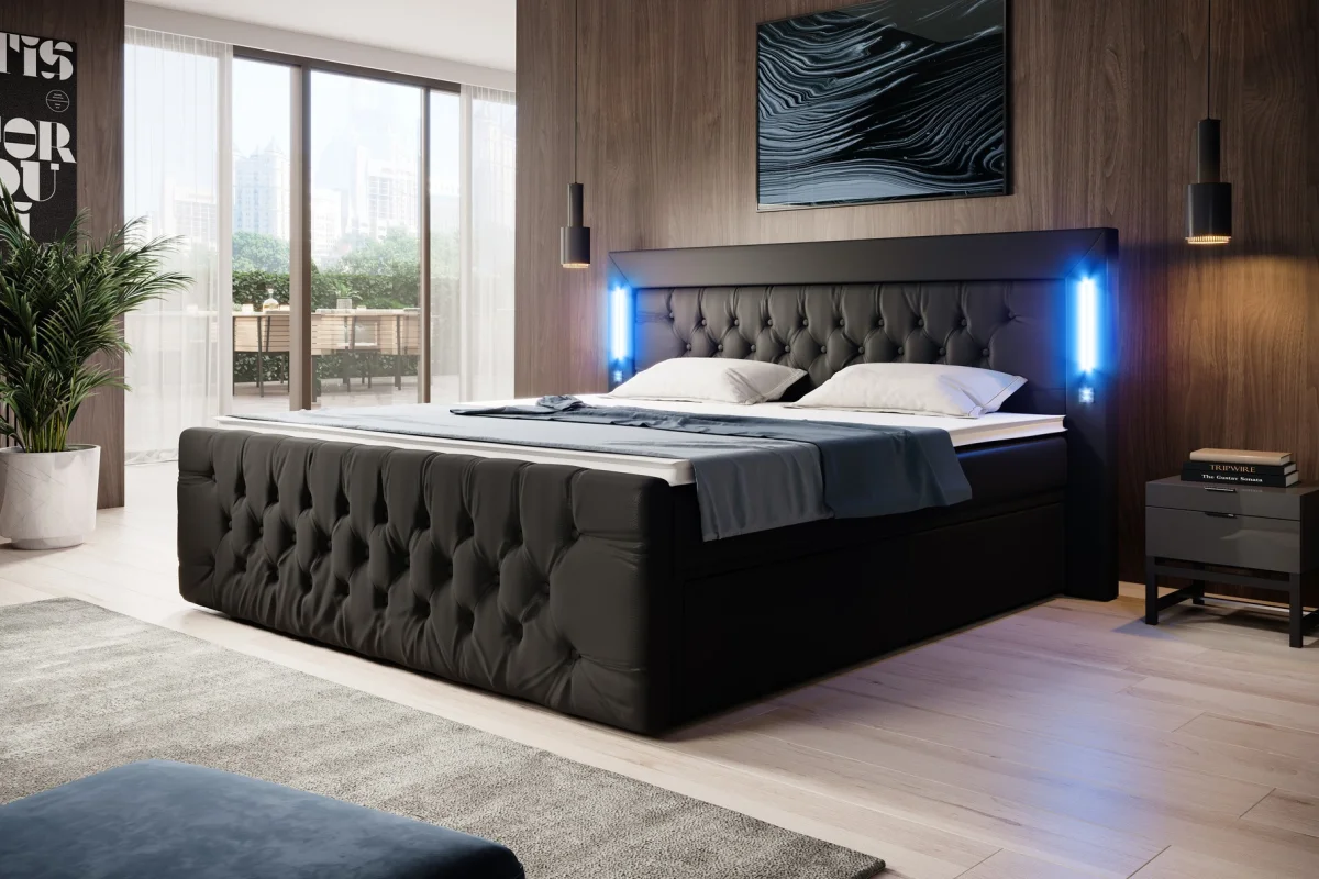 Łóżko kontynentalne 180x200 z oświetleniem led i pojemnikiem royal