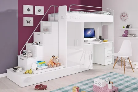 Meble młodzieżowe białe PARADISE 5 z łóżkiem piętrowym i biurkiem