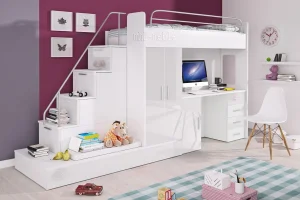 Meble młodzieżowe białe PARADISE 5 z łóżkiem piętrowym i biurkiem
