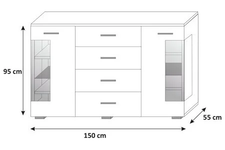 Kommode in Schwarz-Hochglanz mit Vitrine und LED-Beleuchtung Roma 2