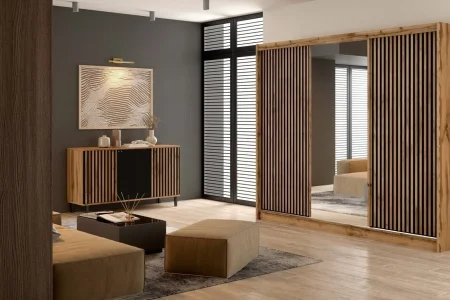 Schiebetürenschrank mit Lamellen und Spiegel 250 Luton | Für das Schlafzimmer, den Flur